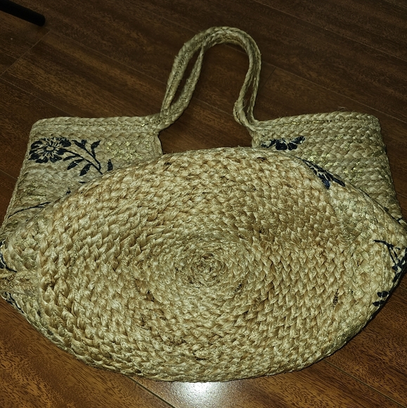 NEW Floral Woven Tote Bag - Natural, Blue And Gold Made In India - Picture 4 of 8